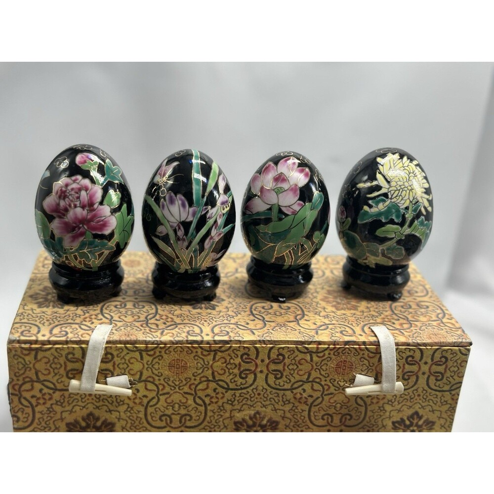 Chinese Cloisonne Eggs Set Of 4 with Stands Original Satin Box